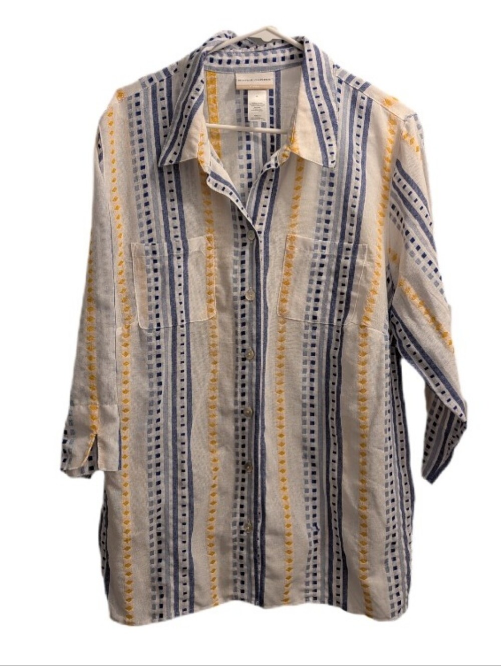 Alfred Dunner Casual Button-Up Shirt in White Blue & Yellow 1X